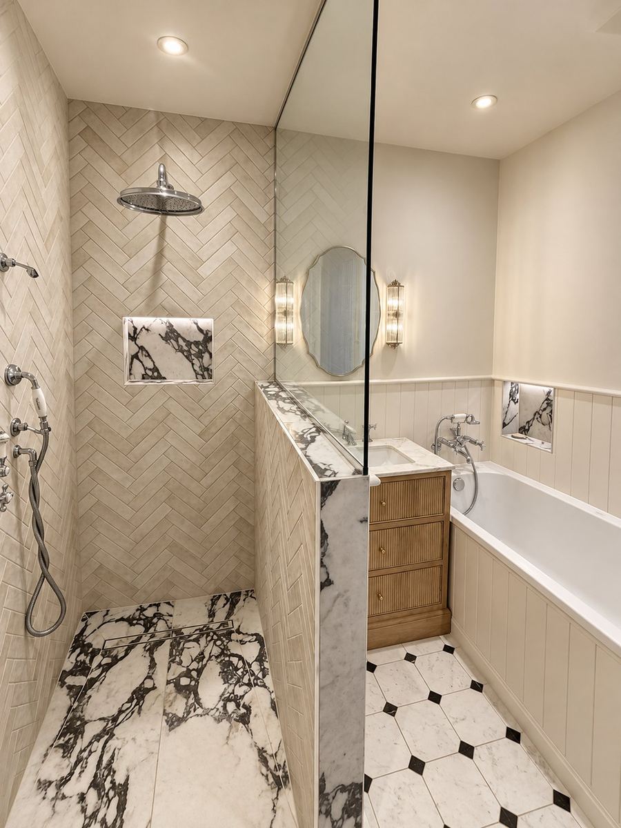 Finished SW13 family bathroom with marble walk-in shower, herringbone tiles, oak vanity and bath